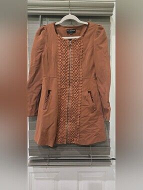 Womens Burnt Orange Crochet-Trim Zip Front Coat